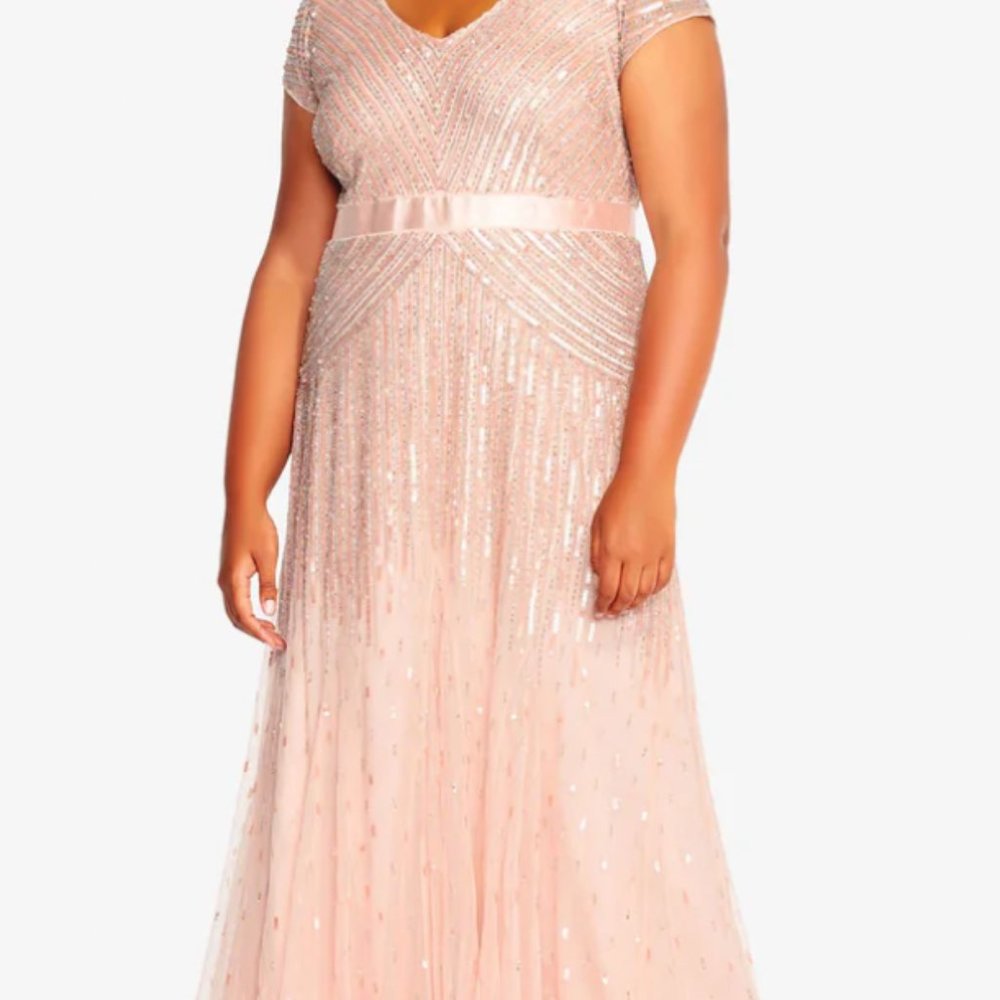 NWT Adrianna Papell PLUS SIZE BEADED V-NECK GOWN IN BLUSH